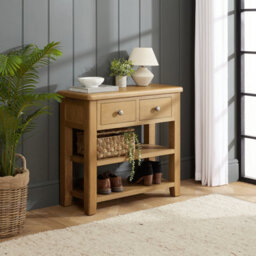 The Furniture Market Cotswold Rustic Smoked Oak Hall Table, Solid Oak Frame, Two Drawers With Dovetail Joints, Two Lower Shelves For Storage - thumbnail 2