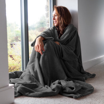 Slate Grey Snug Rug Deluxe Blanket With Sleeves Luxury Cosy Super Soft Coral Fleece Fabric Long Oversized Pouch Pocket Adults - image 1