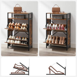 Songmics Compact Shoe Cabinet, Footwear Storage With Flip Doors, Hallway Organizer With Dividers, Rustic Brown And Black - thumbnail 4