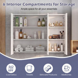 Costway 87 Cm Bathroom Mirror Cabinet With 3 Doors Wall Mounted Recessed Medicine Cabinet 6 Compartments White - thumbnail 8