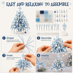 Amorly Diy 3D Beaded Christmas Tree Making Kit, Illuminated Tabletop Festive Ornament, Ice Blue Silver, With Decorative Beads & Charms - thumbnail 5