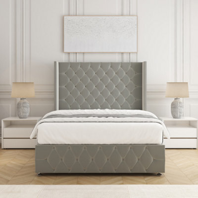 Bsspoke Mayfair Divan Bed In Silver Plush Velvet 54Inch Headboard & Footboard & Mattress No Drawers In 3Ft 4Ft 4Ft6 5Ft 6Ft - image 1