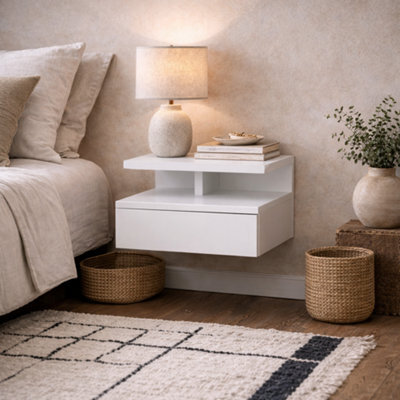 Wyld Haus Lincoln Floating Bedside Table - Wall-Mounted White, 1 Drawer + Open Shelf - image 1