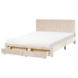 Beliani Bed With Storage Drawers Velvet Lonzac 160 X 200 Cm (Eu King Size) Beige - thumbnail 1