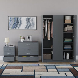 Lassic Vida Designs Riano 3 Piece Bedroom Set (3 Drawer Bedside Chest, 4 Drawer Chest, 3 Door Wardrobe), Grey - thumbnail 2