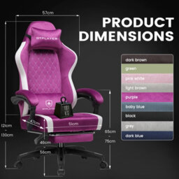 Luckracer Fabric Gaming Chair With Footrest, Ergonomic Computer Desk Chair With Pocket Spring Cushion Home Office Chair, Purple - thumbnail 8