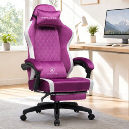 Luckracer Fabric Gaming Chair With Footrest, Ergonomic Computer Desk Chair With Pocket Spring Cushion Home Office Chair, Purple - thumbnail 1