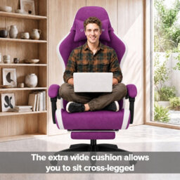 Luckracer Fabric Gaming Chair With Footrest, Ergonomic Computer Desk Chair With Pocket Spring Cushion Home Office Chair, Purple - thumbnail 3