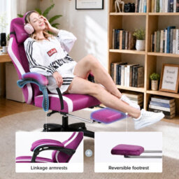 Luckracer Fabric Gaming Chair With Footrest, Ergonomic Computer Desk Chair With Pocket Spring Cushion Home Office Chair, Purple - thumbnail 2
