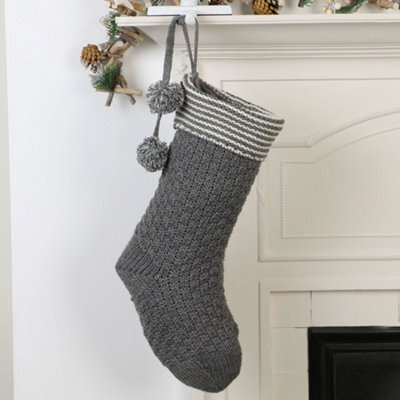 Dibor Grey Chunky Knit Pom Pom Xmas Gift Decoration Christmas Stocking For Kids - image 1