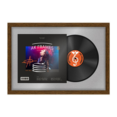"AK Frames 25X17"" Dark Oak Modern Vinyl Record Frame With Silver Mount For 12 Inch Lp Cover & Disc - Overlapped Design" - image 1