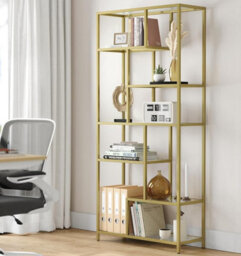 Tall Bookcase, 6-Shelf Display Unit, Multifunctional Plant Rack, Glass Shelves, For Home, Room, Kitchen, Metallic Gold