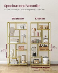 Songmics Tall Bookcase, 6-Shelf Display Unit, Multifunctional Plant Rack, Glass Shelves, For Home, Room, Kitchen, Metallic Gold - thumbnail 3
