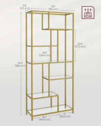 Songmics Tall Bookcase, 6-Shelf Display Unit, Multifunctional Plant Rack, Glass Shelves, For Home, Room, Kitchen, Metallic Gold - thumbnail 2
