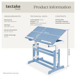 Tectake Desk - For Children, Wooden, Tiltable Tabletop, 7 Height Settings, With Drawer 109 Cm - Blue - thumbnail 6