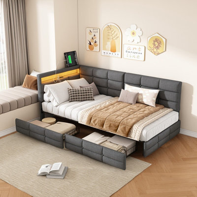 Single Bed Frame With 2 Drawers, Usb And Led, 3Ft Single Daybed With 90X190 Corner Platform Bed, Upholstered Guardrail, Beige - image 1
