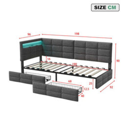 Single Bed Frame With 2 Drawers, Usb And Led, 3Ft Single Daybed With 90X190 Corner Platform Bed, Upholstered Guardrail, Beige - thumbnail 9