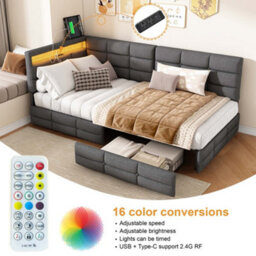 Single Bed Frame With 2 Drawers, Usb And Led, 3Ft Single Daybed With 90X190 Corner Platform Bed, Upholstered Guardrail, Beige - thumbnail 6