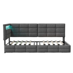 Single Bed Frame With 2 Drawers, Usb And Led, 3Ft Single Daybed With 90X190 Corner Platform Bed, Upholstered Guardrail, Beige - thumbnail 8