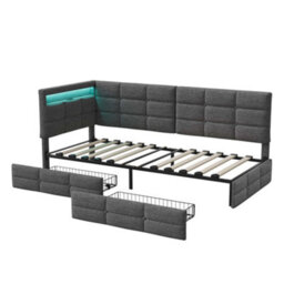 Single Bed Frame With 2 Drawers, Usb And Led, 3Ft Single Daybed With 90X190 Corner Platform Bed, Upholstered Guardrail, Beige - thumbnail 7