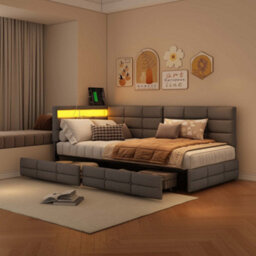 Single Bed Frame With 2 Drawers, Usb And Led, 3Ft Single Daybed With 90X190 Corner Platform Bed, Upholstered Guardrail, Beige - thumbnail 2