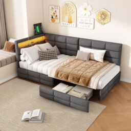 Single Bed Frame With 2 Drawers, Usb And Led, 3Ft Single Daybed With 90X190 Corner Platform Bed, Upholstered Guardrail, Beige - thumbnail 4