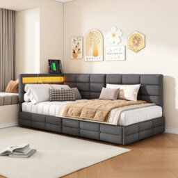 Single Bed Frame With 2 Drawers, Usb And Led, 3Ft Single Daybed With 90X190 Corner Platform Bed, Upholstered Guardrail, Beige - thumbnail 3
