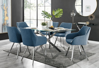 Furniturebox Uk Leonardo Glass And Chrome Metal Dining Table And 6 Blue Falun Fabric Silver Leg Chairs - image 1