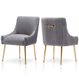 Seynar Velvet Upholstered Dining Chairs With Gold Legs Set Of 2, Grey, Tufted Fabric For Kitchen Or Living Room