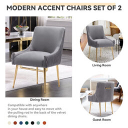 Seynar Velvet Upholstered Dining Chairs With Gold Legs Set Of 2, Grey, Tufted Fabric For Kitchen Or Living Room - thumbnail 5