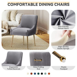 Seynar Velvet Upholstered Dining Chairs With Gold Legs Set Of 2, Grey, Tufted Fabric For Kitchen Or Living Room - thumbnail 6