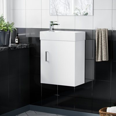 Nes Home 400mm Cloakroom Wall Hung Basin Vanity Unit, Waterfall Tap & Waste White - image 1