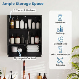 Costway Wall-Mounted Bathroom Cabinet With Mirror Double Door Medicine Cabinet-Black - thumbnail 6