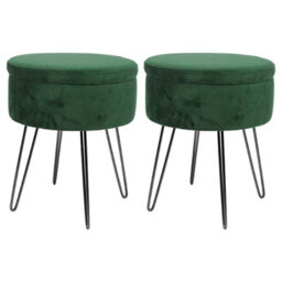 Harbour Housewares 2X Velvet Storage Footstools - Round Modern Dressing Table Footstool Vanity Seat Chair - 45 X 36Cm Green/black