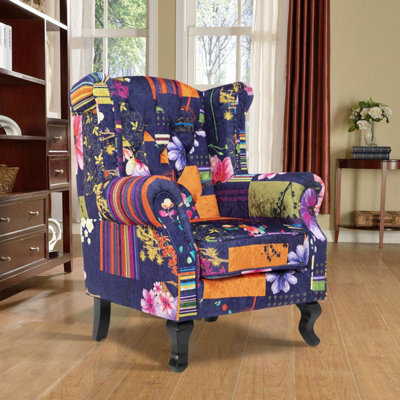 Purple Patchwork Wingback Armchair Fabric Chesterfield Button Back Scroll Arms - image 1
