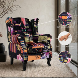 Purple Patchwork Wingback Armchair Fabric Chesterfield Button Back Scroll Arms - thumbnail 7