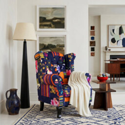 Purple Patchwork Wingback Armchair Fabric Chesterfield Button Back Scroll Arms - thumbnail 8