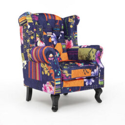 Purple Patchwork Wingback Armchair Fabric Chesterfield Button Back Scroll Arms - thumbnail 3