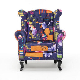 Purple Patchwork Wingback Armchair Fabric Chesterfield Button Back Scroll Arms - thumbnail 2