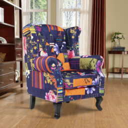 Purple Patchwork Wingback Armchair Fabric Chesterfield Button Back Scroll Arms - thumbnail 1