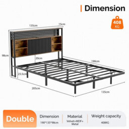 Double&brown Floating Double&king Bed Frame With Upholstered Storage Headboard Led Lights&usb - thumbnail 2