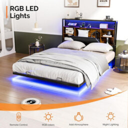 Double&brown Floating Double&king Bed Frame With Upholstered Storage Headboard Led Lights&usb - thumbnail 3