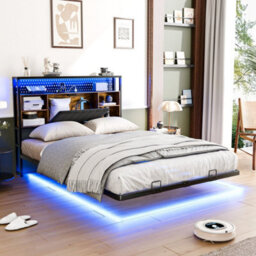 Double&brown Floating Double&king Bed Frame With Upholstered Storage Headboard Led Lights&usb - thumbnail 1