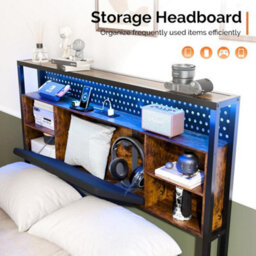 Double&brown Floating Double&king Bed Frame With Upholstered Storage Headboard Led Lights&usb - thumbnail 5