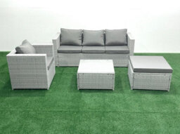 Fimous 5 Seater Rattan Garden Furniture Set 3 Seater Sofa Chair Square Coffee Table Big Stool Light Grey - thumbnail 2