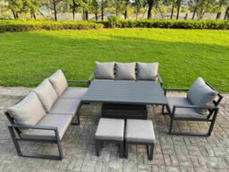 Fimous Aluminium Garden Furniture Sets,9 Seater With Rising Table 2 Small Footstools For Yard,poolside, Patio, Dark Grey - thumbnail 2