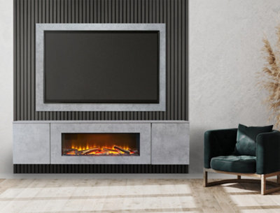 Acantha Orion Xo Electric Floating Media Wall Suite In Concrete Effect With Tv Board & Charcoal Oak Wall Panels - image 1