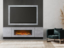 Acantha Orion Xo Electric Floating Media Wall Suite In Concrete Effect With Tv Board & Charcoal Oak Wall Panels