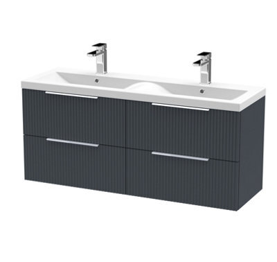 Hudson Reed Fluted Wall Hung 4-Drawer Vanity And Double Ceramic Basin, Contemporary Sink Vanity Unit, Soft Black, 1200mm - image 1