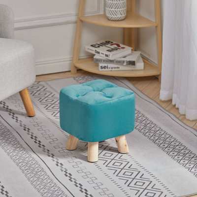 Thehotsale Blue Modern Small Square Velvet Buttoned Footrest With Wooden Legs For Living Room - image 1